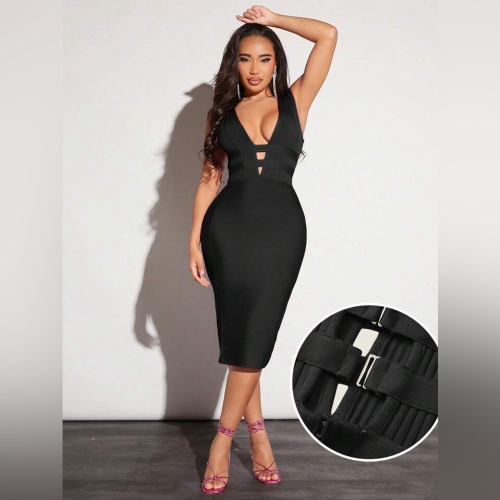 Black Midi Bandage Dress Deep V Neck Sexy, Small
